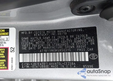 2019 Toyota Camry Se z USA, uszkodzony, nr VIN 4T1B11HK9KU850315